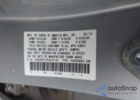 2015 Honda Accord Lx z USA, uszkodzony, nr VIN 1HGCR2F30FA022150